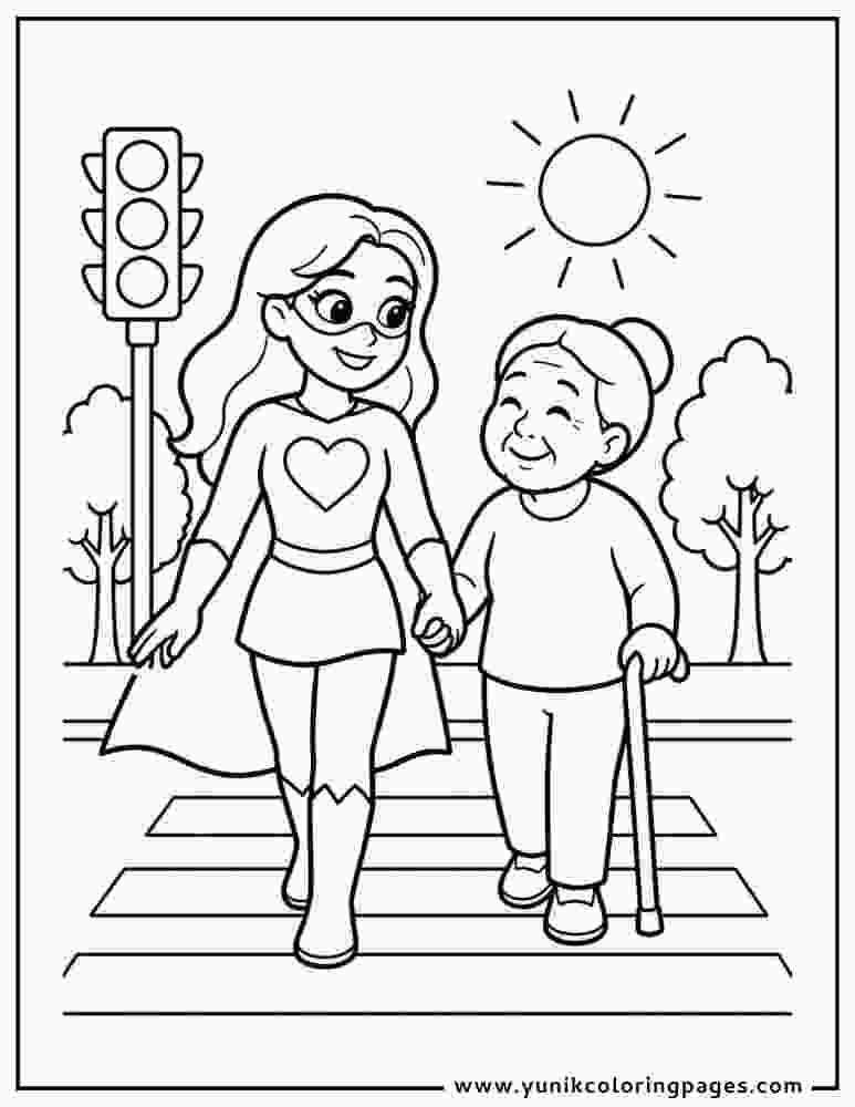 superhero girl helping an elder