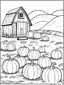 Pumpkin patch scene as part of pumpkin coloring page for kids
