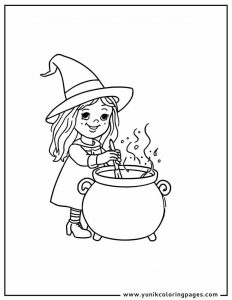 witch and cauldron halloween costume coloring page