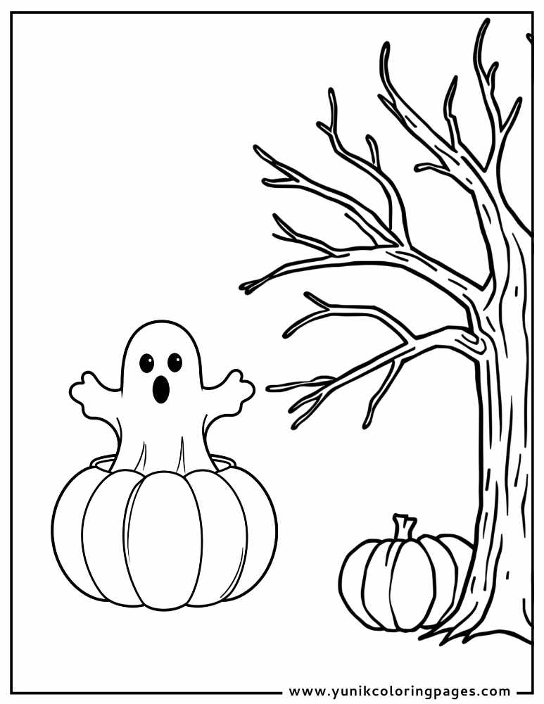 ghost out of pumpkin near tree halloween costume coloring page