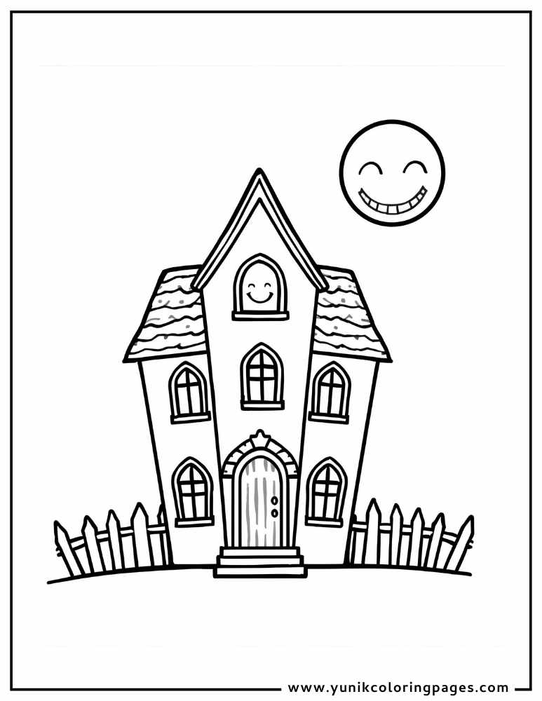 house with spooky moon halloween coloring page
