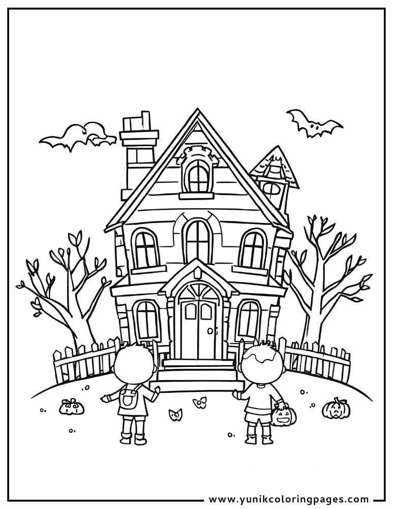 kids haunted hosue halloween coloring page