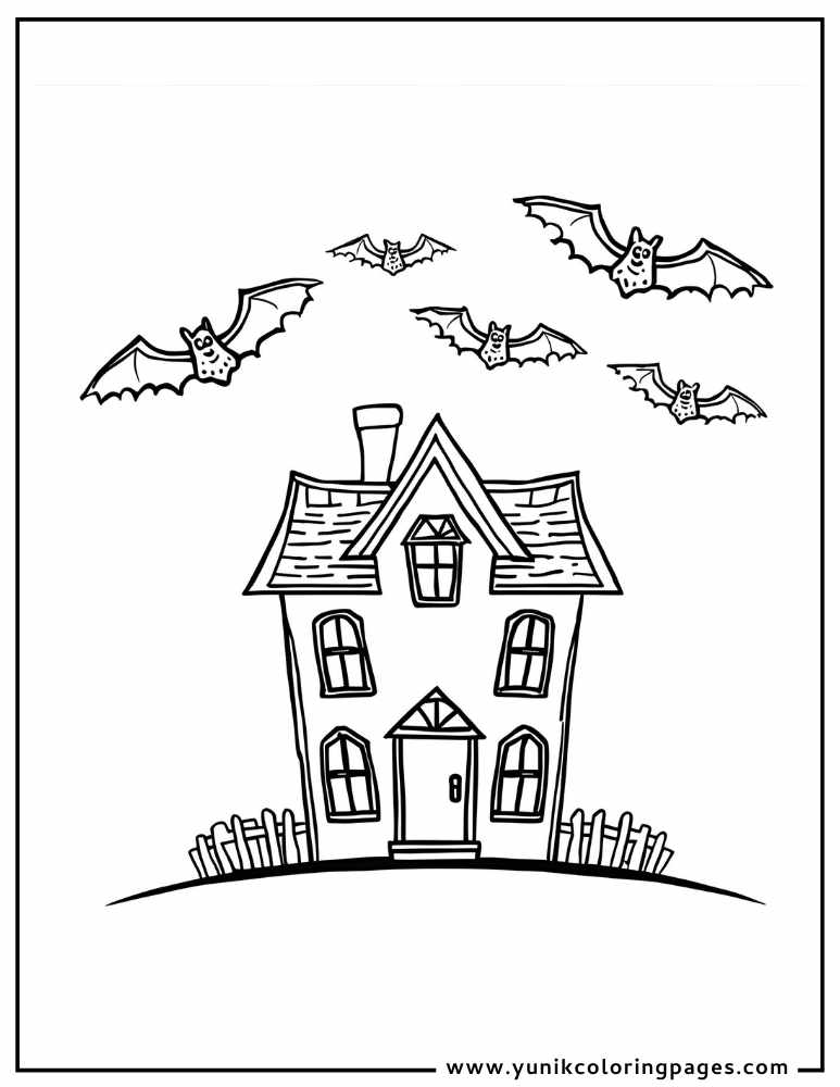 haunted house with bats halloween coloring page