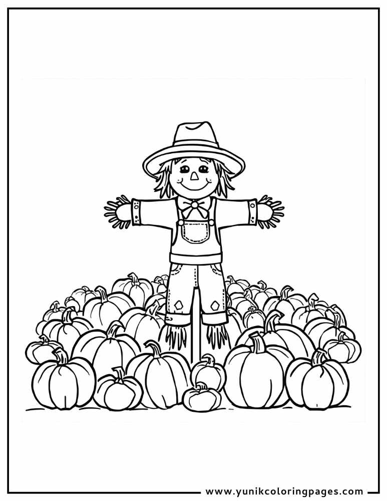 scarecrow pumpkin patch halloween coloring page for kids