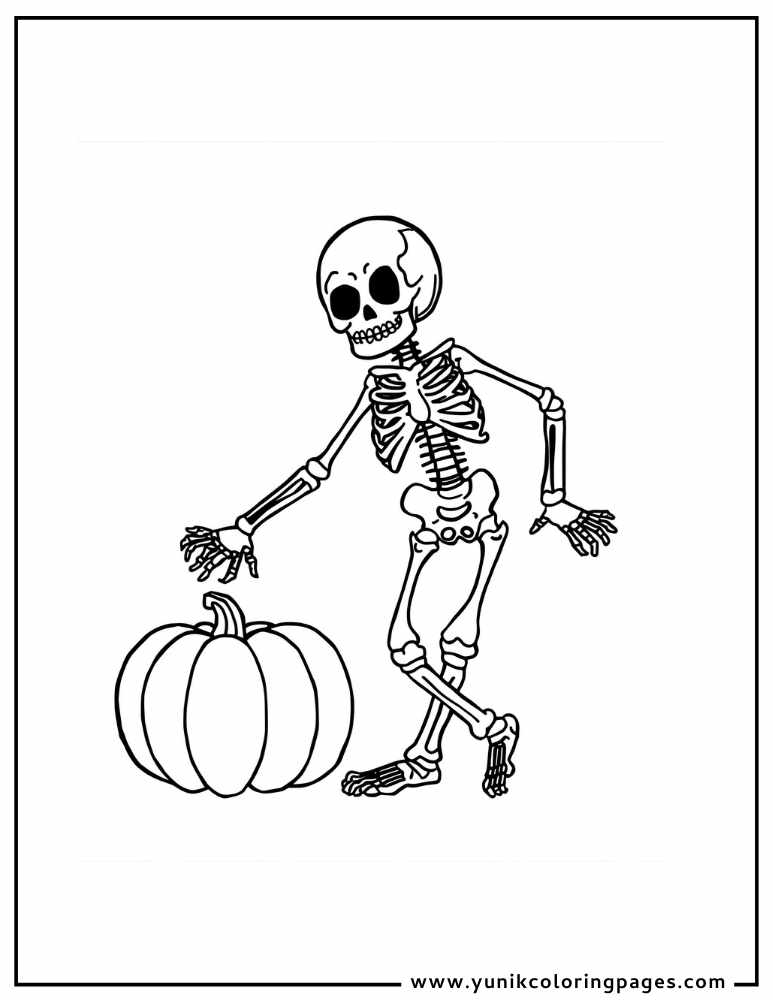 pumpkin with skeleton halloween coloring page for kids