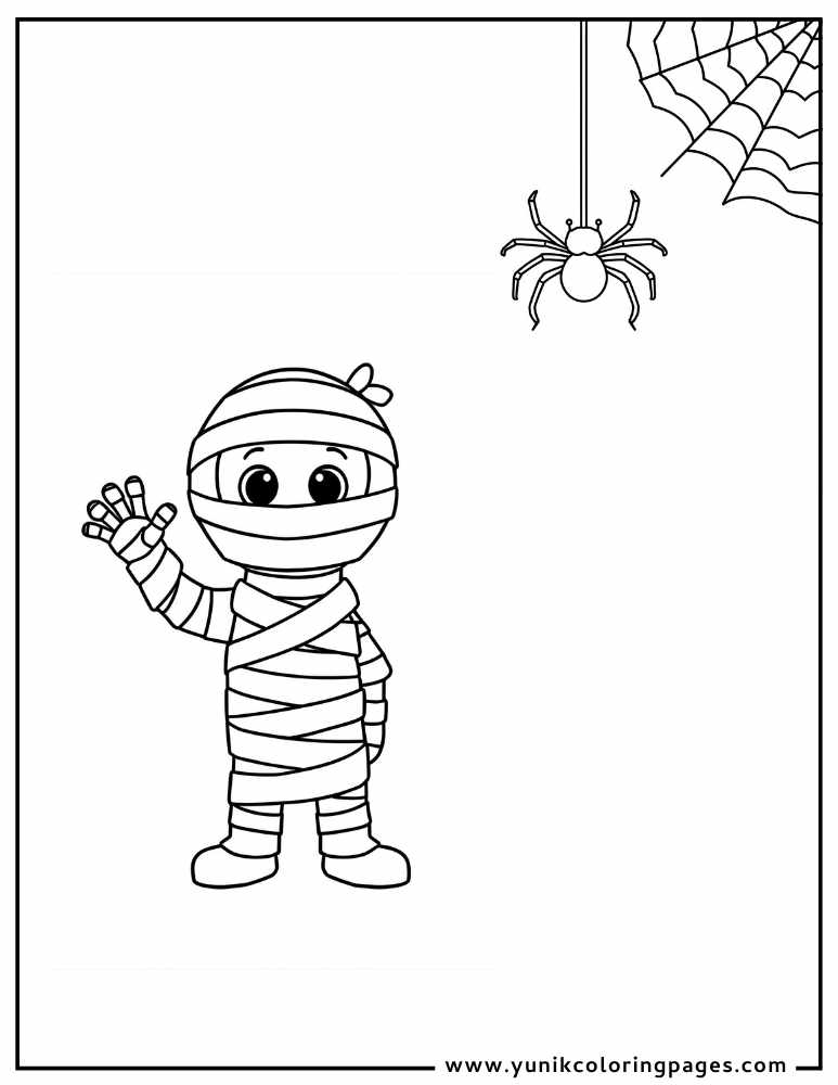 mummy adn spider halloween coloring page for kids