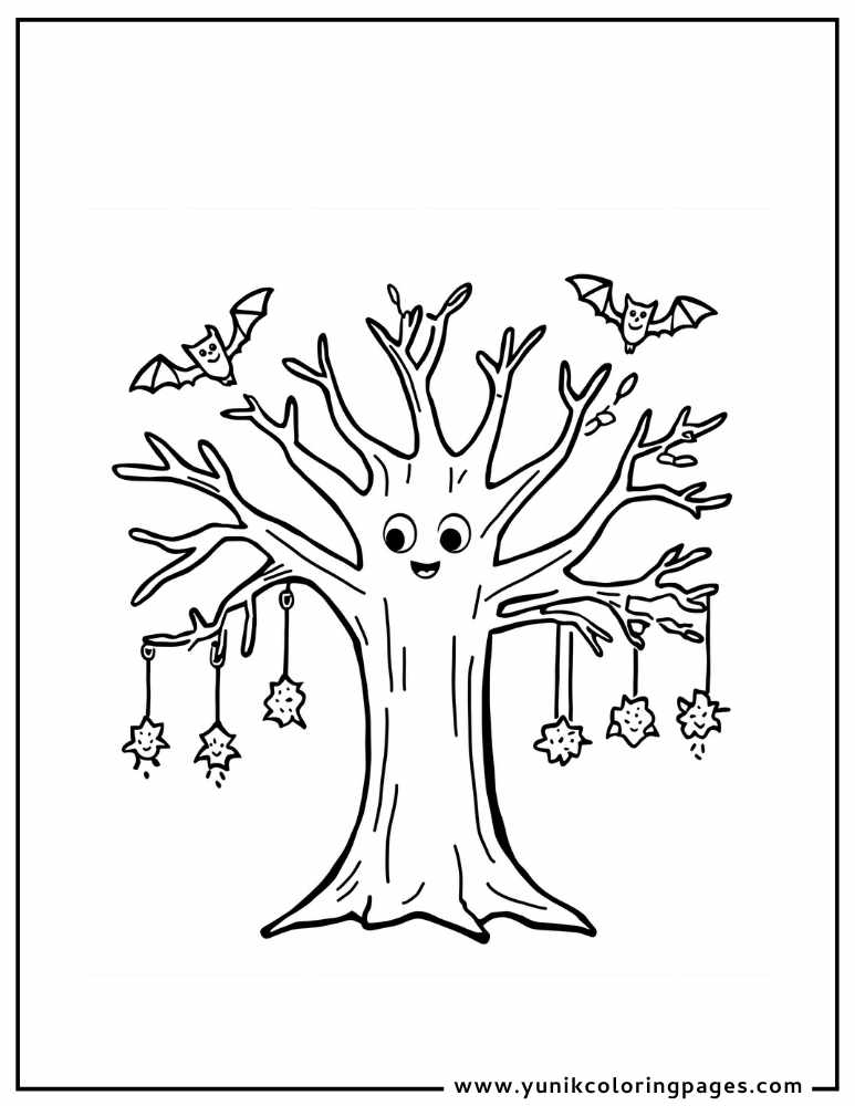 spooky tree halloween coloring page for kids