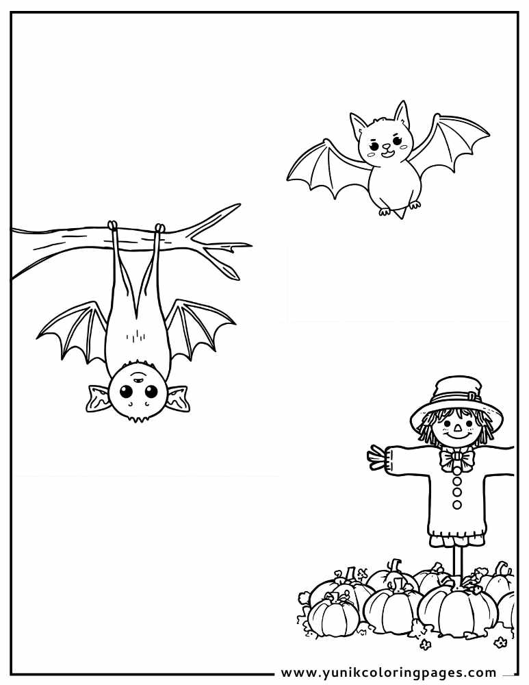 upside down bat halloween coloring page for kids