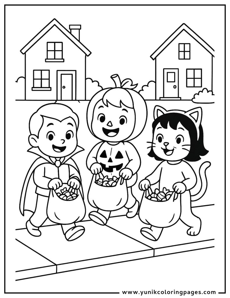 Halloween Trick or Treat Street Scene Coloring Page