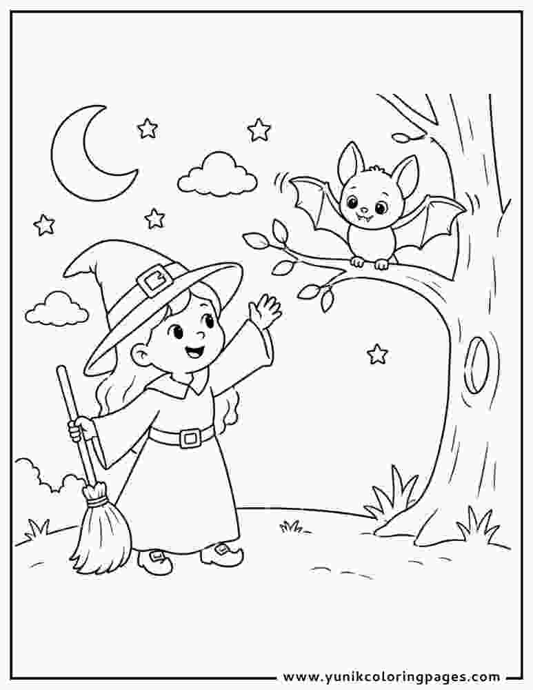 Bat with Witch Coloring Pages