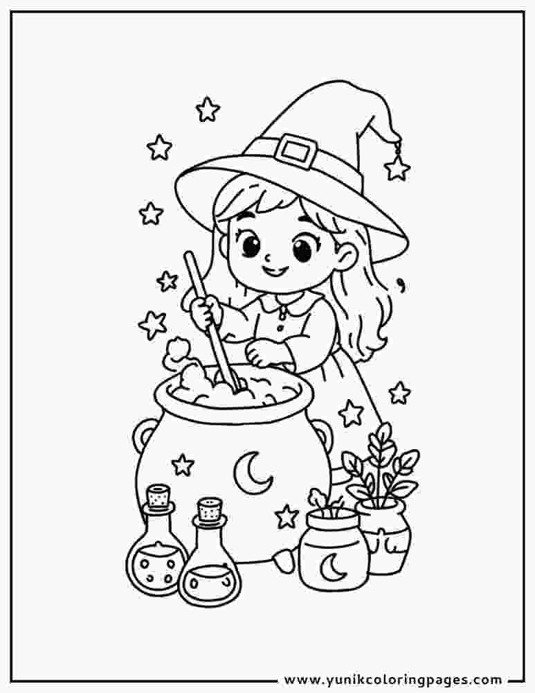 Witch Coloring Sheet with Cauldron