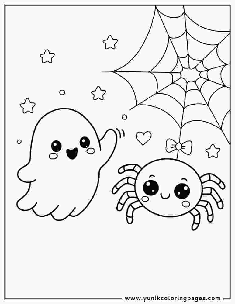 Cute Spider And Ghost Coloring Page
